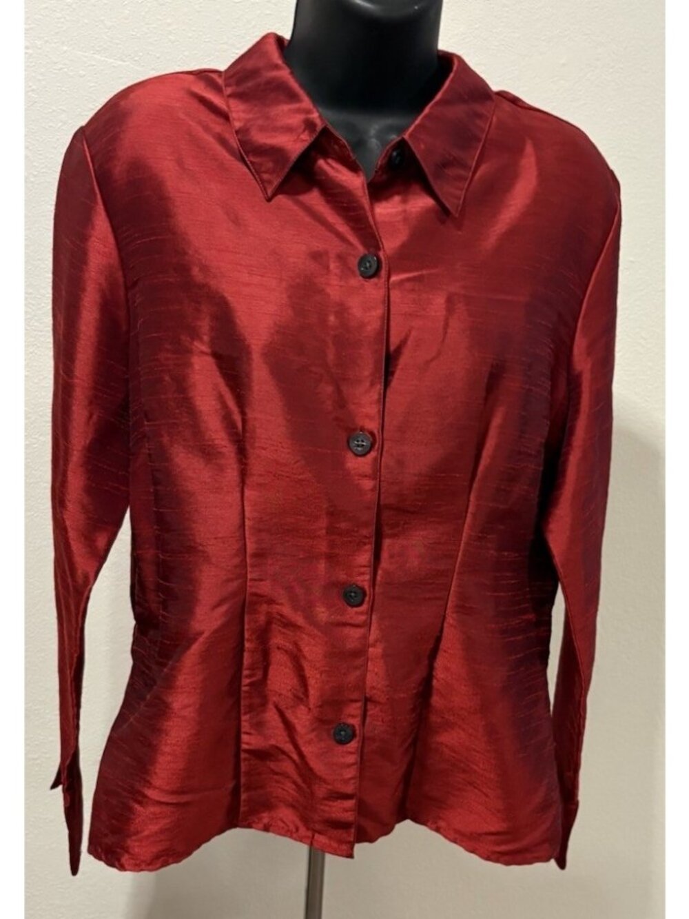 Croft & Barrow Blouse Womens Size Large Blue Dark Maroon Long Sleeve Stretch